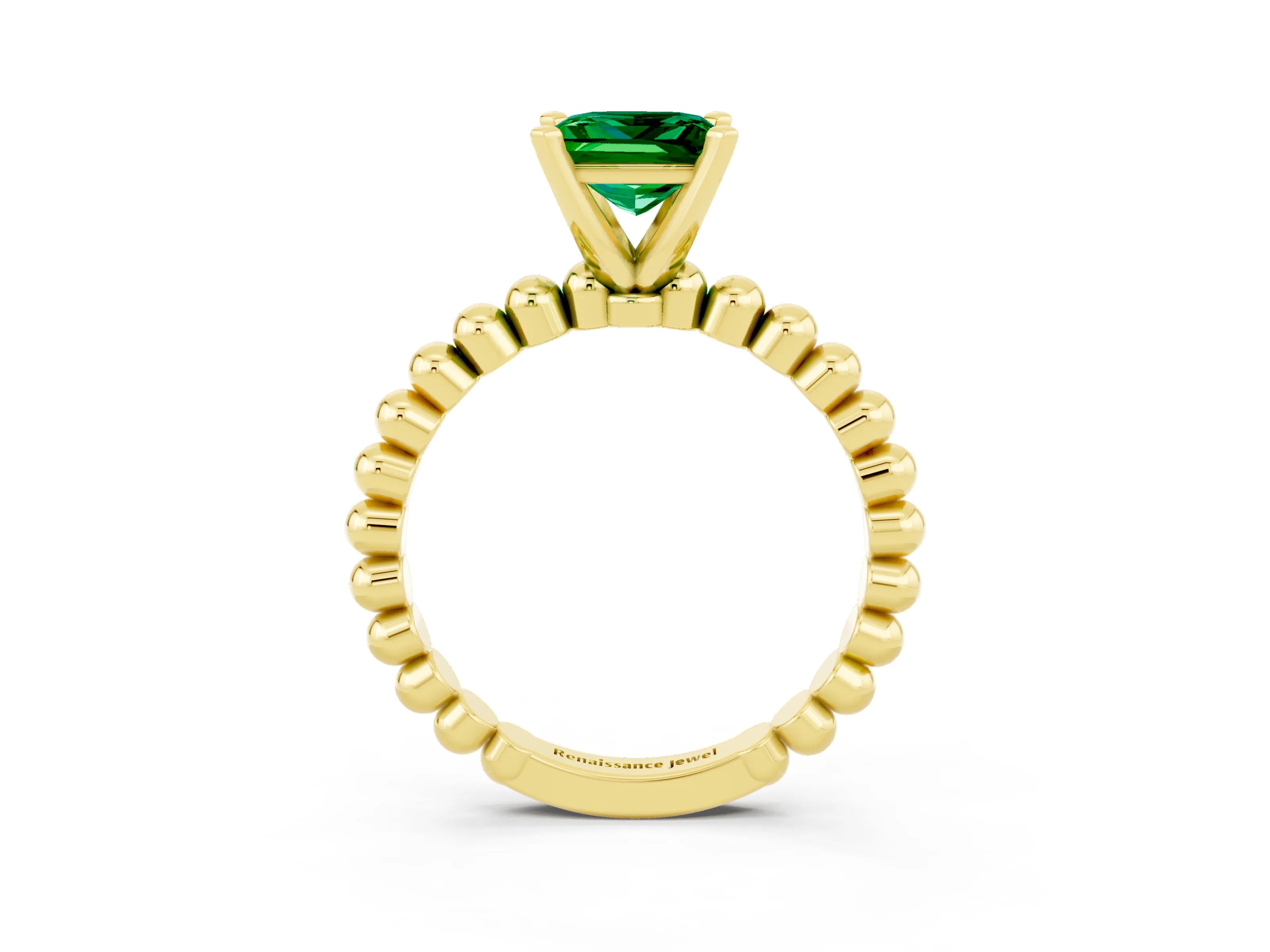 Yellow gold Princess Cut Emerald Solitaire Ring with Beaded Band and Prong Setting_3