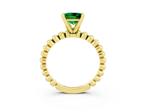 Yellow gold Princess Cut Emerald Solitaire Ring with Beaded Band and Prong Setting_3
