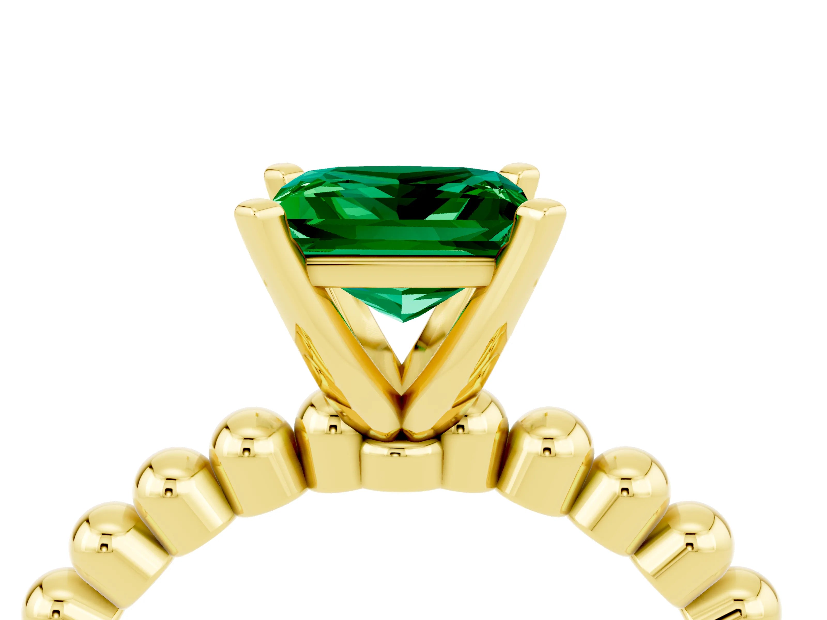 Yellow gold Princess Cut Emerald Solitaire Ring with Beaded Band and Prong Setting_4