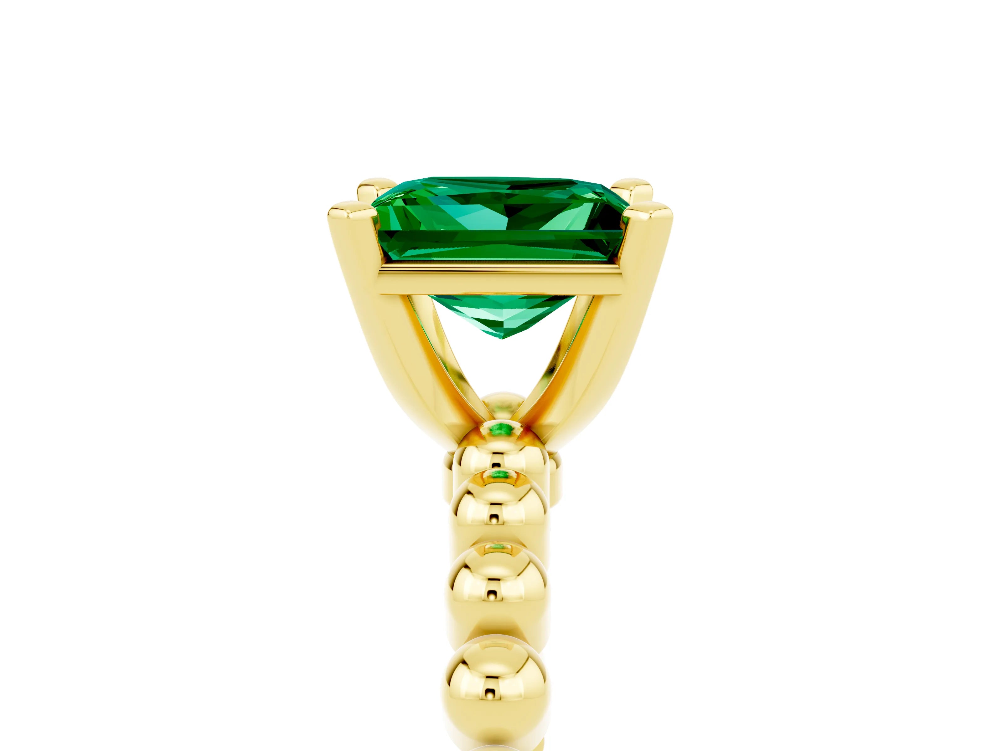 Yellow gold Princess Cut Emerald Solitaire Ring with Beaded Band and Prong Setting_5