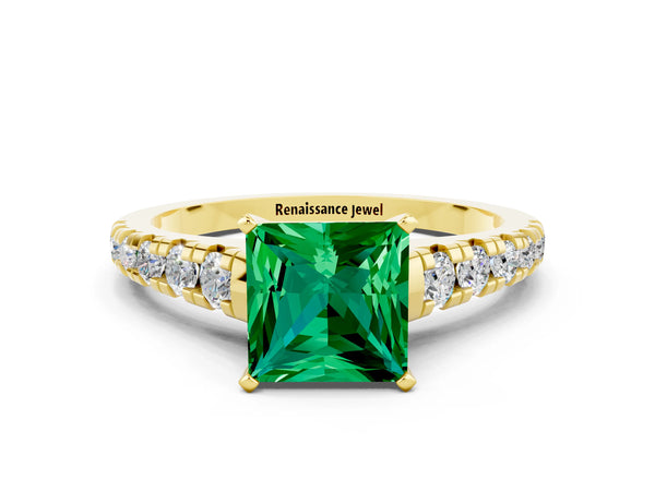 Yellow gold Princess Cut Emerald Cathedral Solitaire Ring with Round  Pavé Band