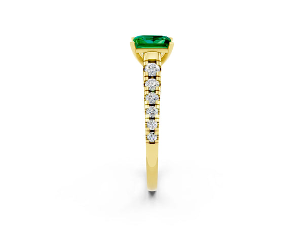 Yellow gold Princess Cut Emerald Cathedral Solitaire Ring with Round  Pavé Band