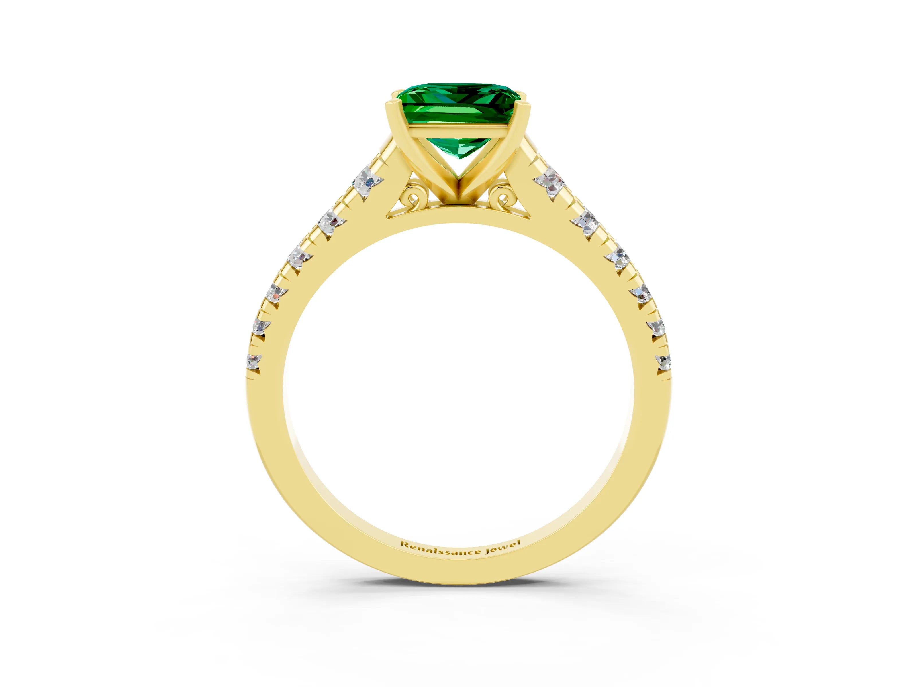 Yellow gold Princess Cut Emerald Solitaire Ring with Cathedral Setting and Pavé Band_3