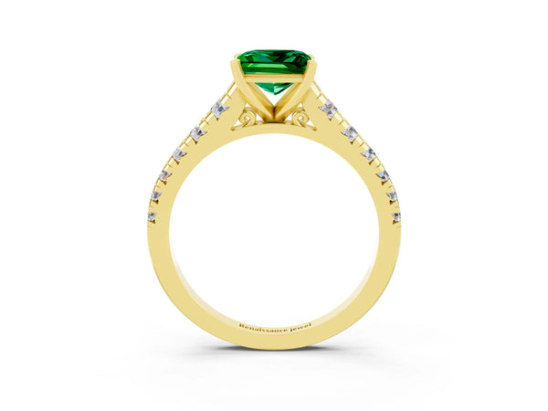 Yellow gold Princess Cut Emerald Cathedral Solitaire Ring with Round  Pavé Band
