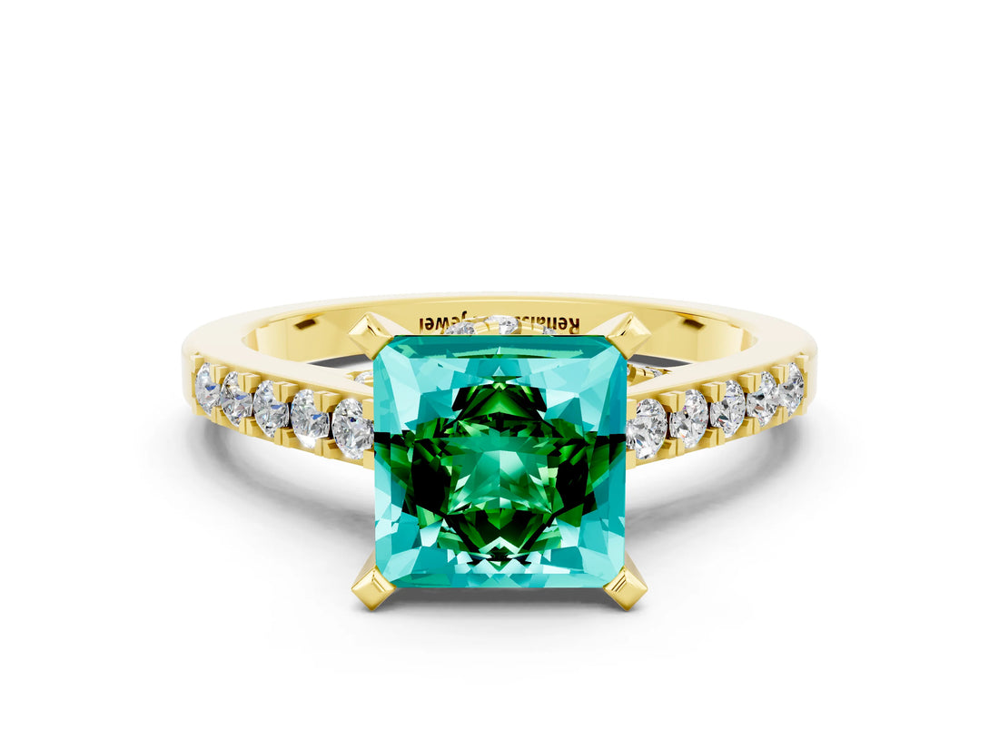 Yellow gold Princess Cut Emerald Solitaire Ring with Crossover Gallery and Round  Pavé Band_12