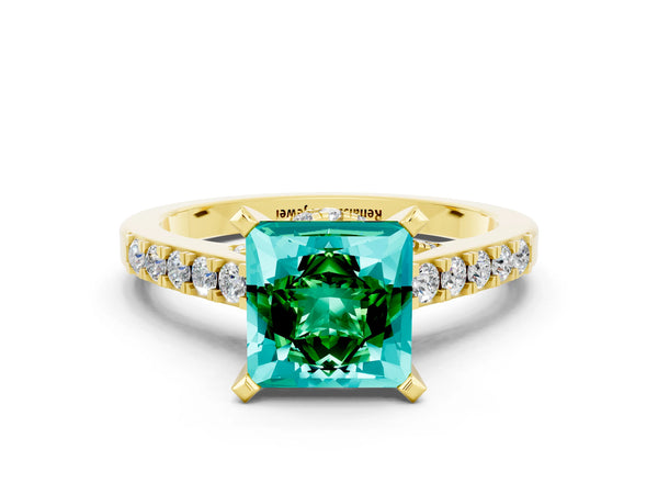 Yellow gold Princess Cut Emerald Solitaire Ring with Crossover Gallery and Round  Pavé Band