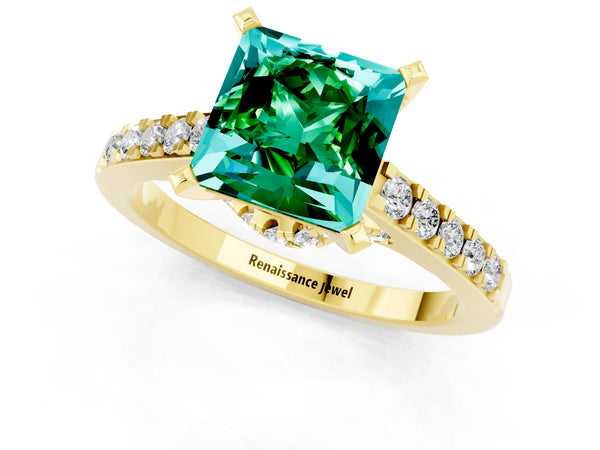 Yellow gold Princess Cut Emerald Solitaire Ring with Crossover Gallery and Round  Pavé Band