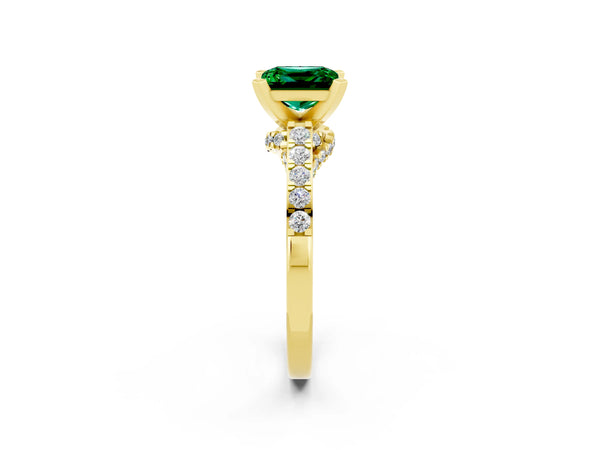 Yellow gold Princess Cut Emerald Solitaire Ring with Crossover Gallery and Round  Pavé Band