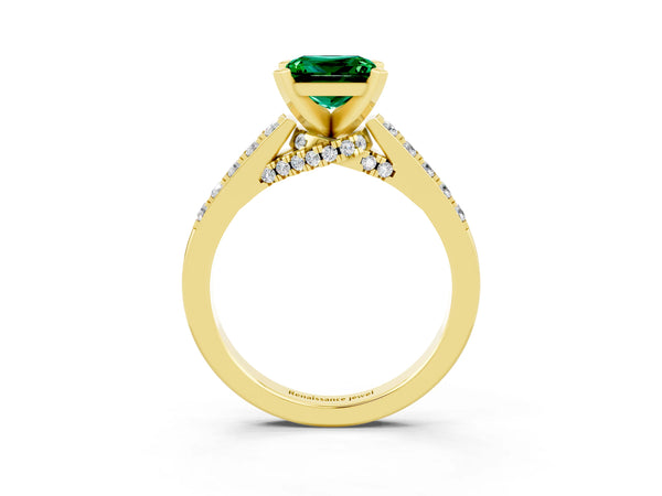 Yellow gold Princess Cut Emerald Solitaire Ring with Crossover Gallery and Round  Pavé Band