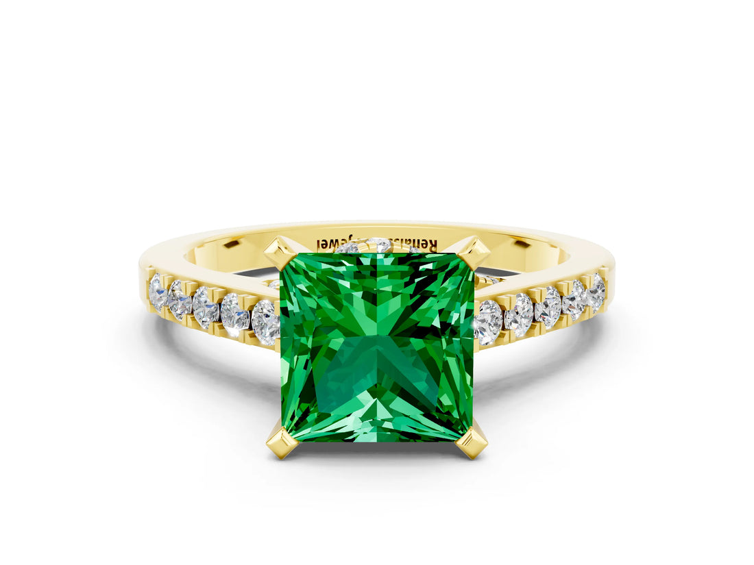 Yellow gold Princess Cut Emerald Solitaire Ring with Crossover Gallery and Round  Pavé Band_48
