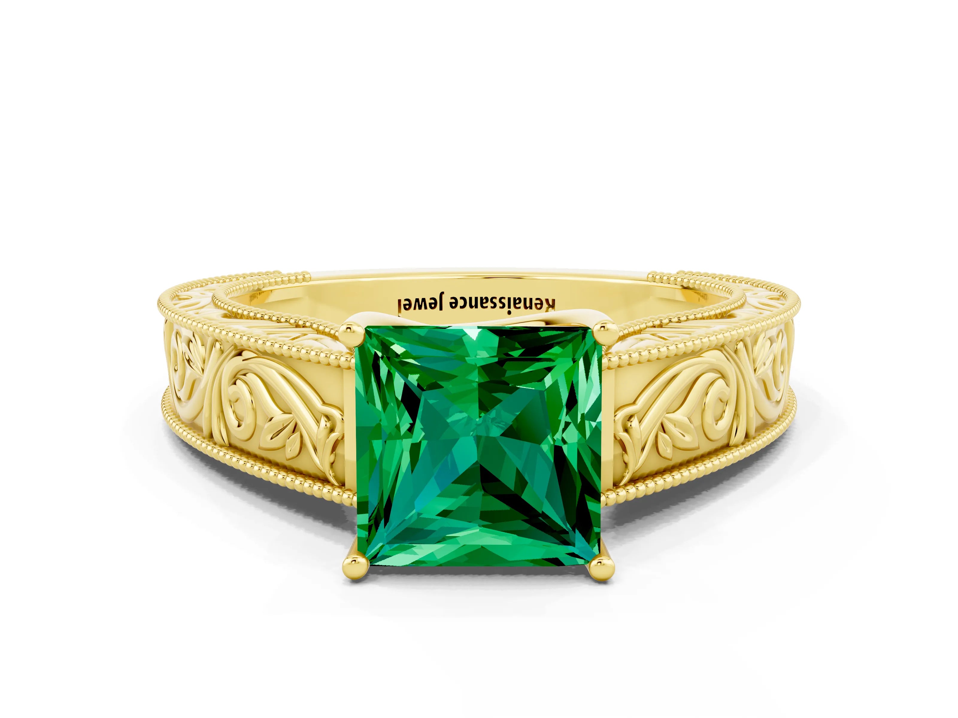 Yellow gold Princess Cut Emerald Solitaire Ring with Engraved Band and Four-Prong Setting
