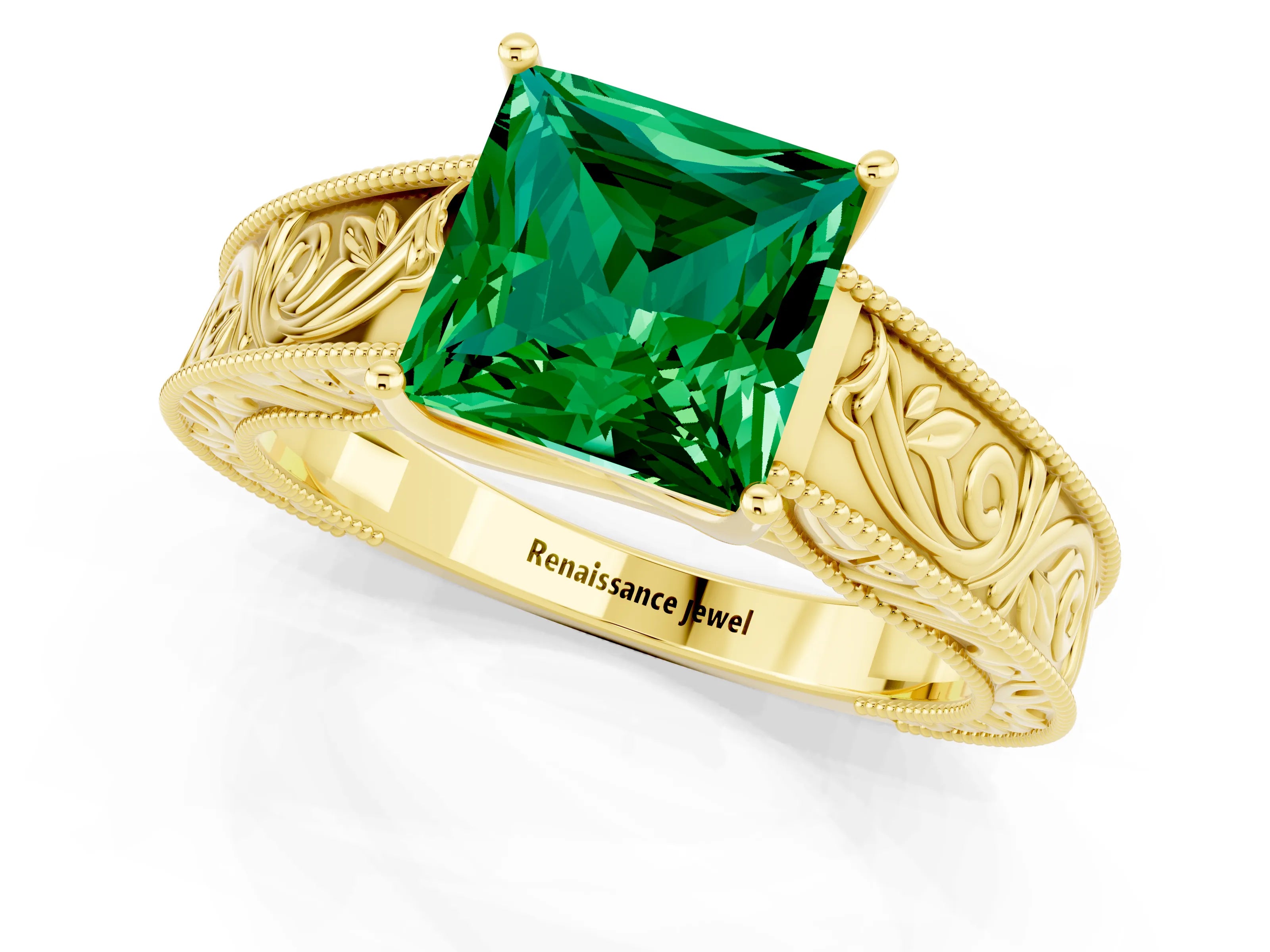 Yellow gold Princess Cut Emerald Solitaire Ring with Engraved Band and Four-Prong Setting_1