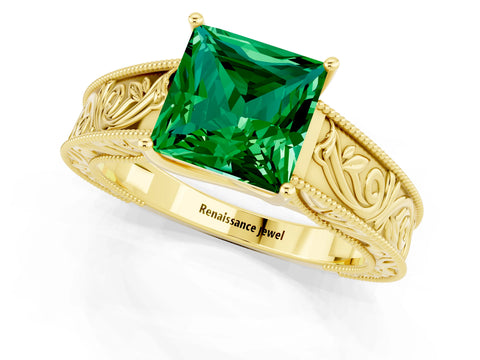 Yellow gold Princess Cut Emerald Solitaire Ring with Engraved Band and Four-Prong Setting_1