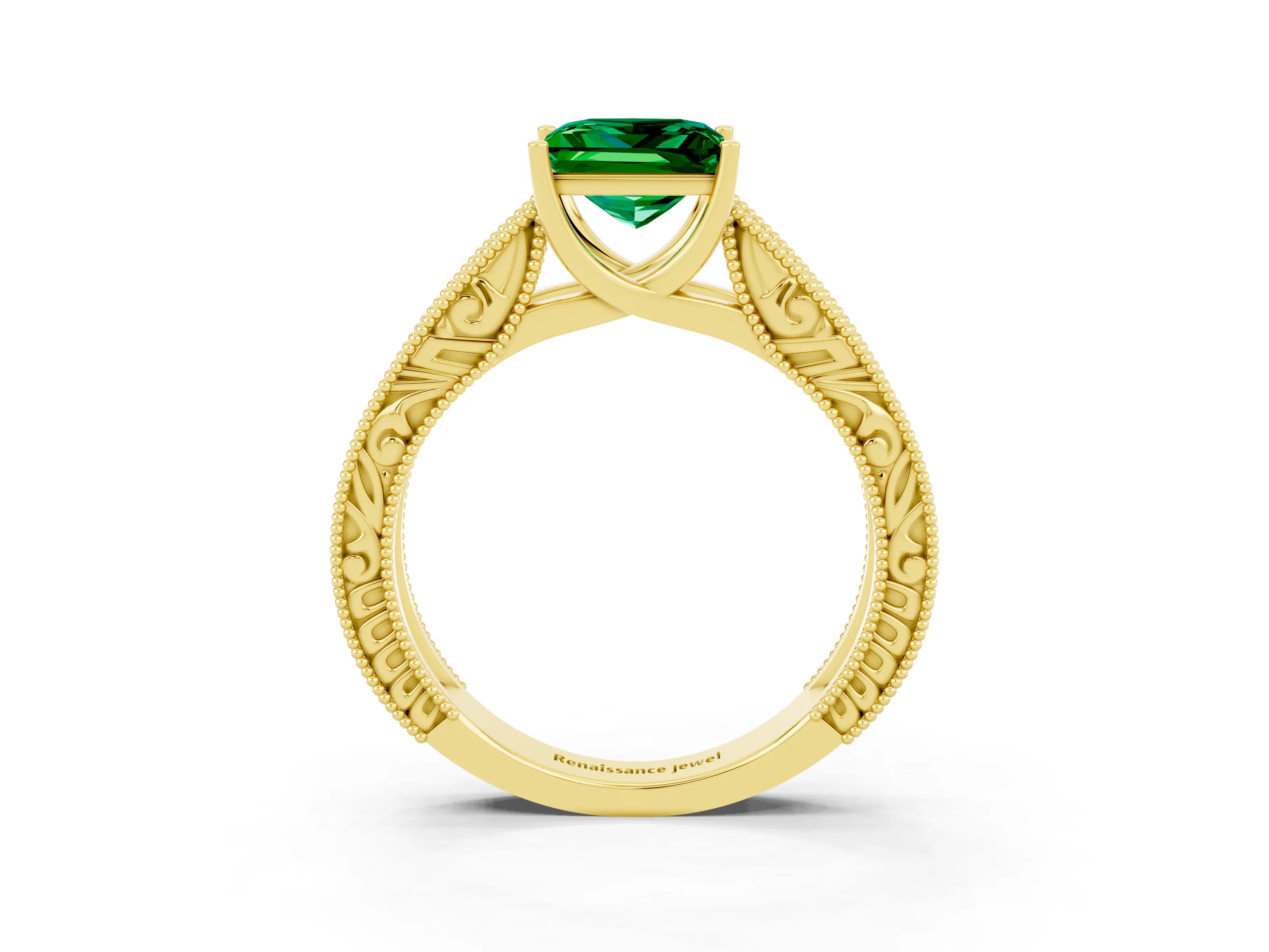 Yellow gold Princess Cut Emerald Solitaire Ring with Engraved Band and Four-Prong Setting_3