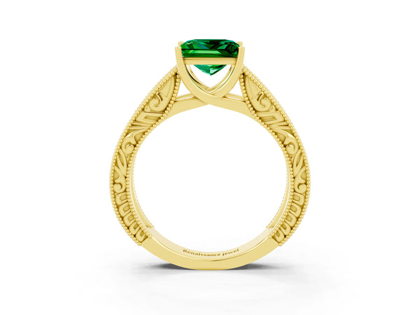 Yellow gold Princess Cut Emerald Solitaire Ring with Engraved Band and Four-Prong Setting
