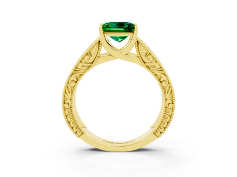 Yellow gold Princess Cut Emerald Solitaire Ring with Engraved Band and Four-Prong Setting_3