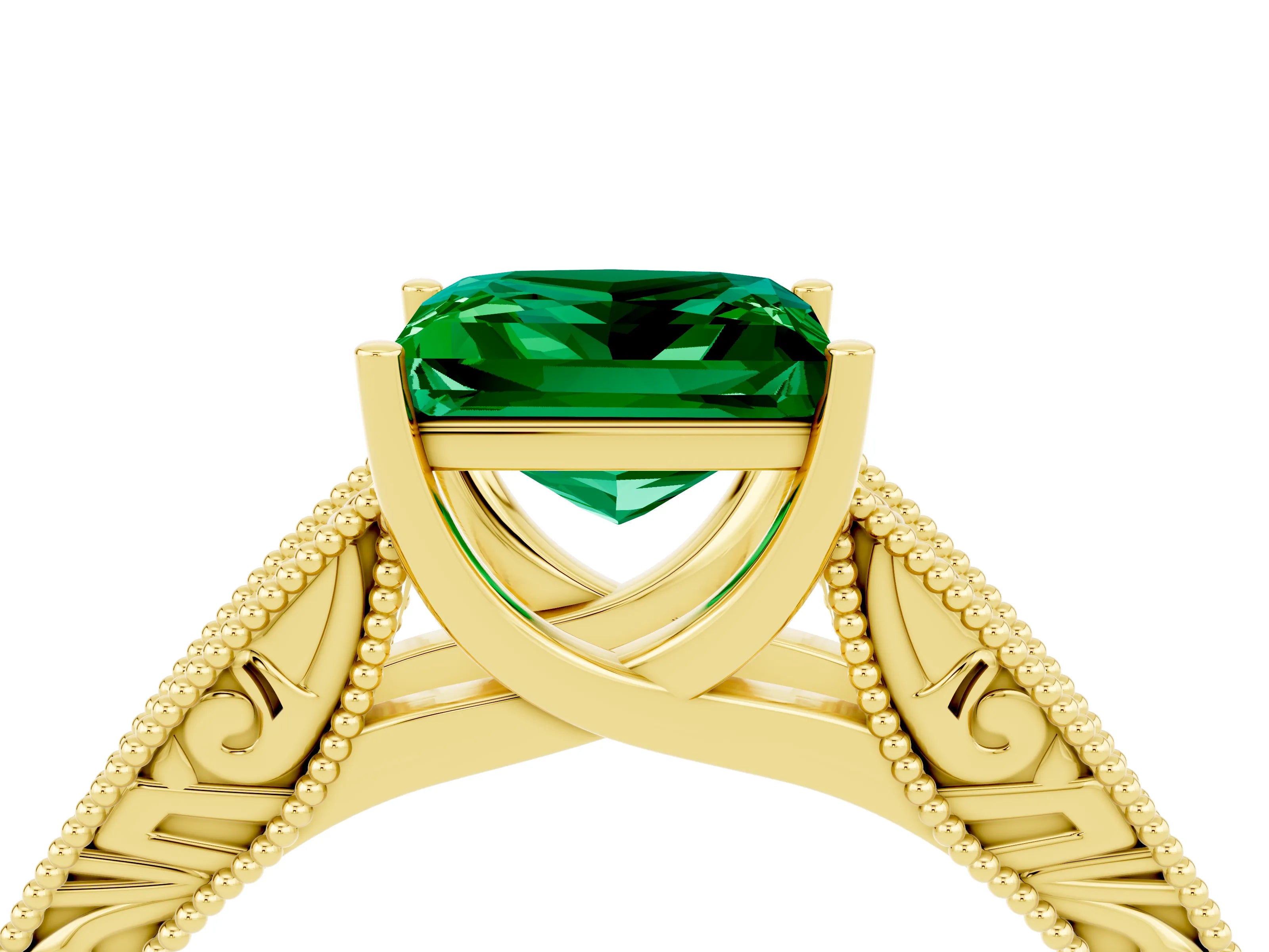 Yellow gold Princess Cut Emerald Solitaire Ring with Engraved Band and Four-Prong Setting_4