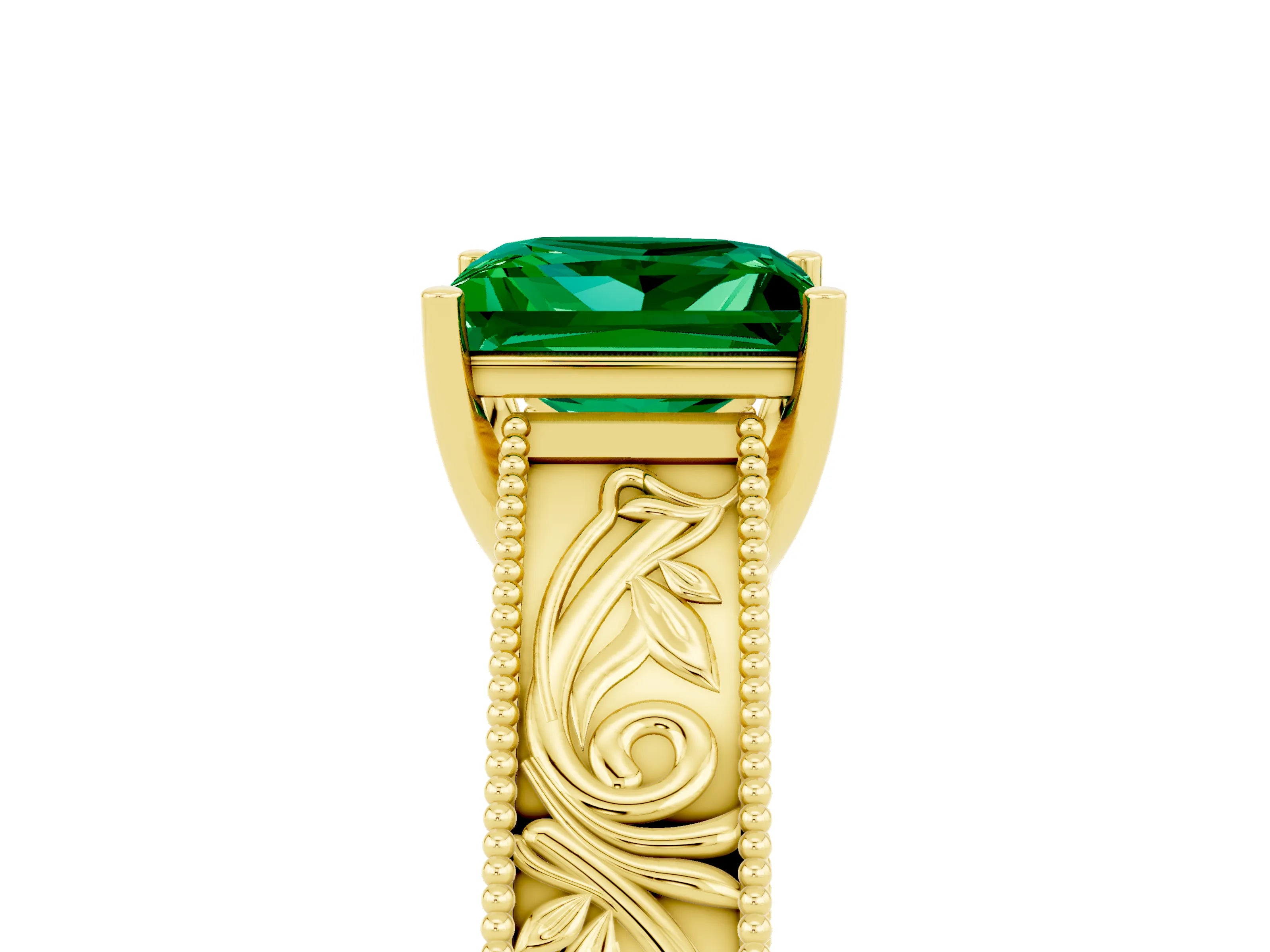 Yellow gold Princess Cut Emerald Solitaire Ring with Engraved Band and Four-Prong Setting_5