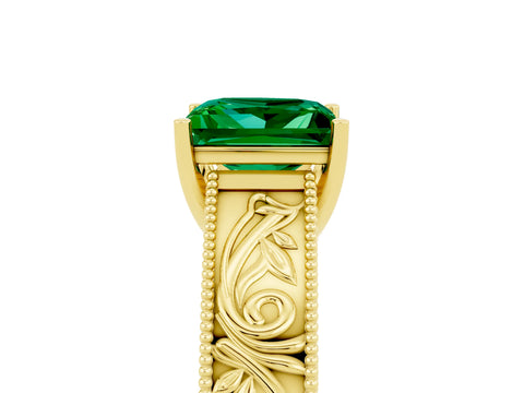 Yellow gold Princess Cut Emerald Solitaire Ring with Engraved Band and Four-Prong Setting_5