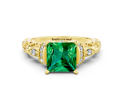 Yellow gold Princess Cut Emerald Solitaire Ring with Filigree Band and Four-Prong Setting_24