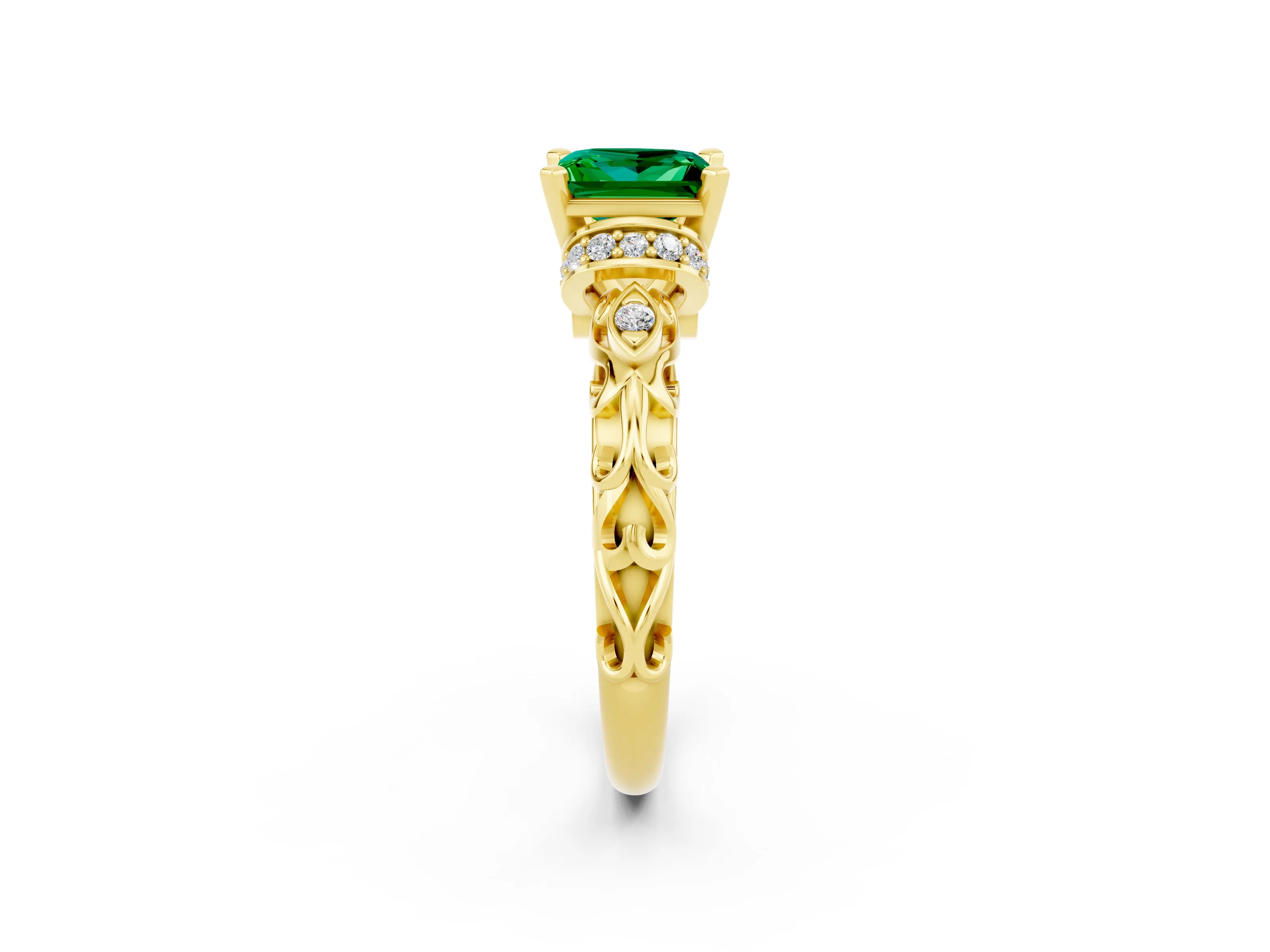 Yellow gold Princess Cut Emerald Solitaire Ring with Filigree Band and Four-Prong Setting_26