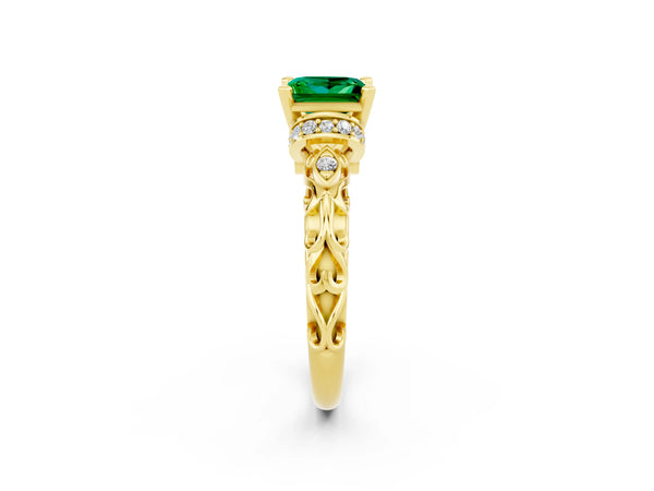 Yellow gold Princess Cut Emerald Solitaire Ring with Filigree Band and Four-Prong Setting