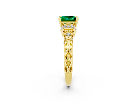 Yellow gold Princess Cut Emerald Solitaire Ring with Filigree Band and Four-Prong Setting_26