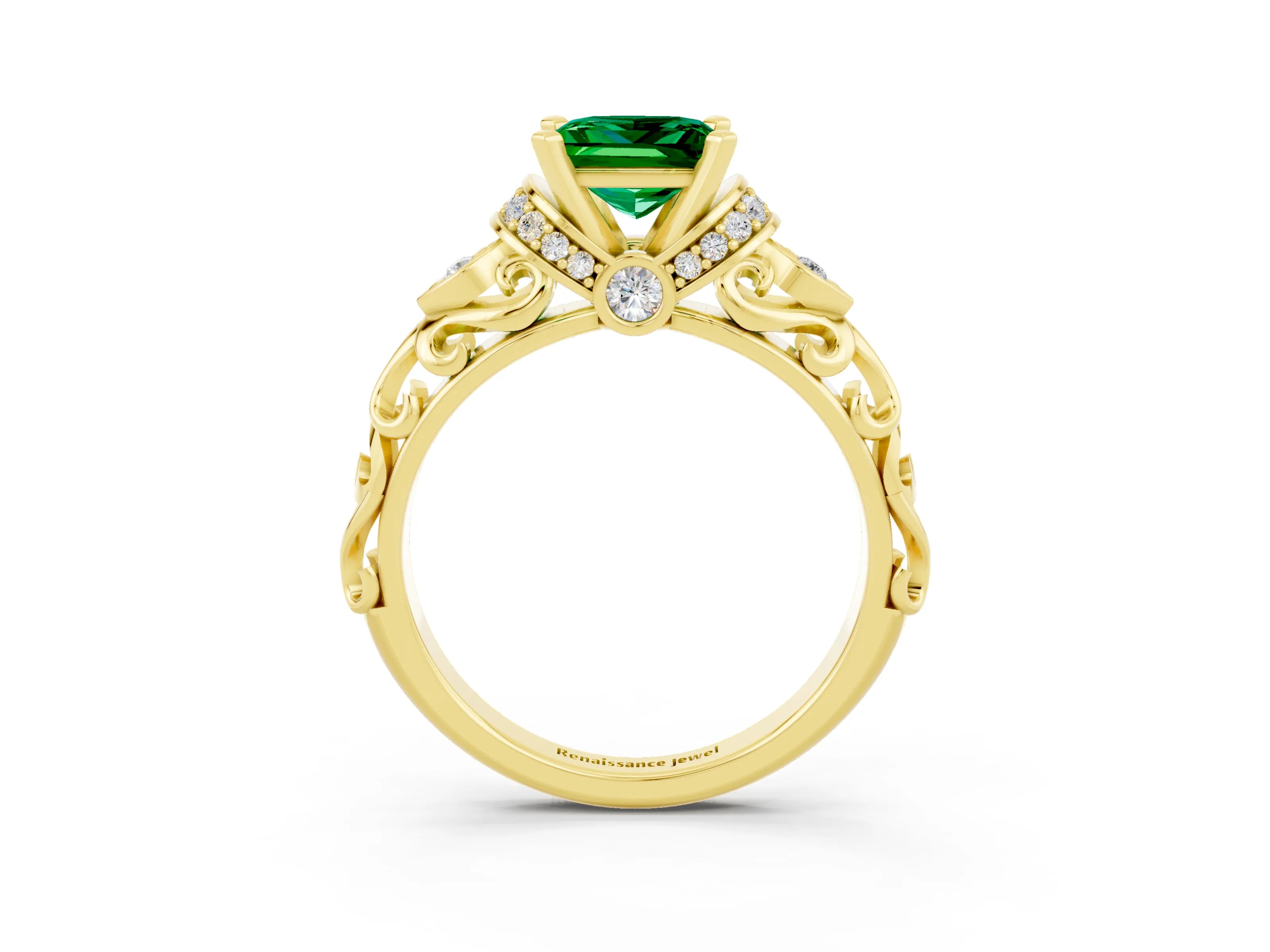Yellow gold Princess Cut Emerald Solitaire Ring with Filigree Band and Four-Prong Setting_27