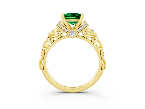 Yellow gold Princess Cut Emerald Solitaire Ring with Filigree Band and Four-Prong Setting