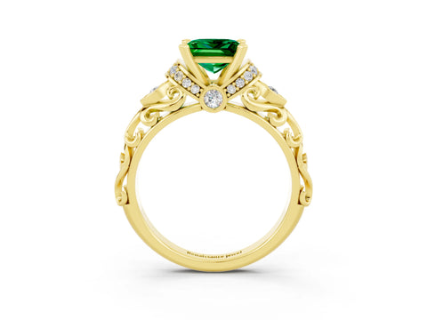 Yellow gold Princess Cut Emerald Solitaire Ring with Filigree Band and Four-Prong Setting_27