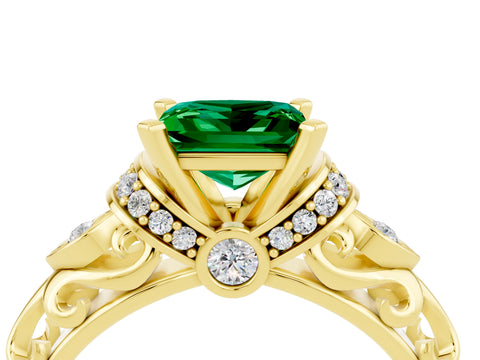 Yellow gold Princess Cut Emerald Solitaire Ring with Filigree Band and Four-Prong Setting_28