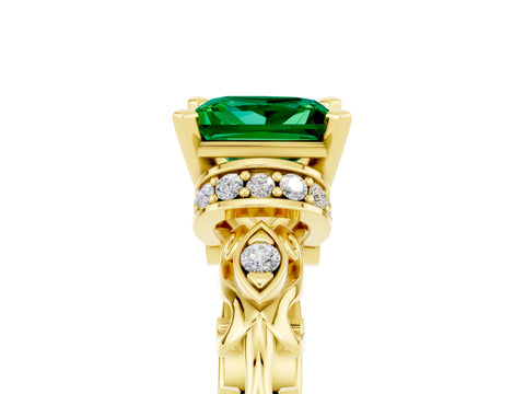 Yellow gold Princess Cut Emerald Solitaire Ring with Filigree Band and Four-Prong Setting_29