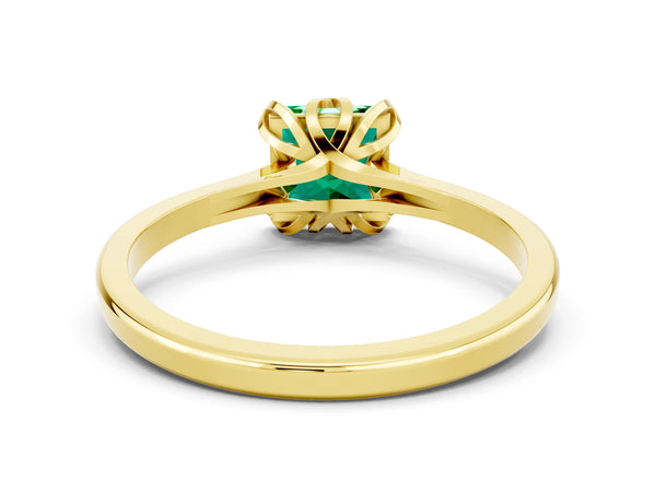 Yellow gold Princess Cut Emerald Solitaire Ring with Flower Prong Setting and Classic Band