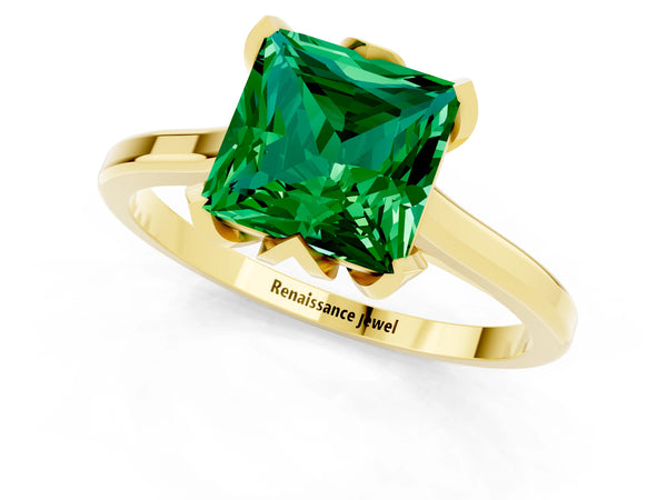 Yellow gold Princess Cut Emerald Solitaire Ring with Flower Prong Setting and Classic Band