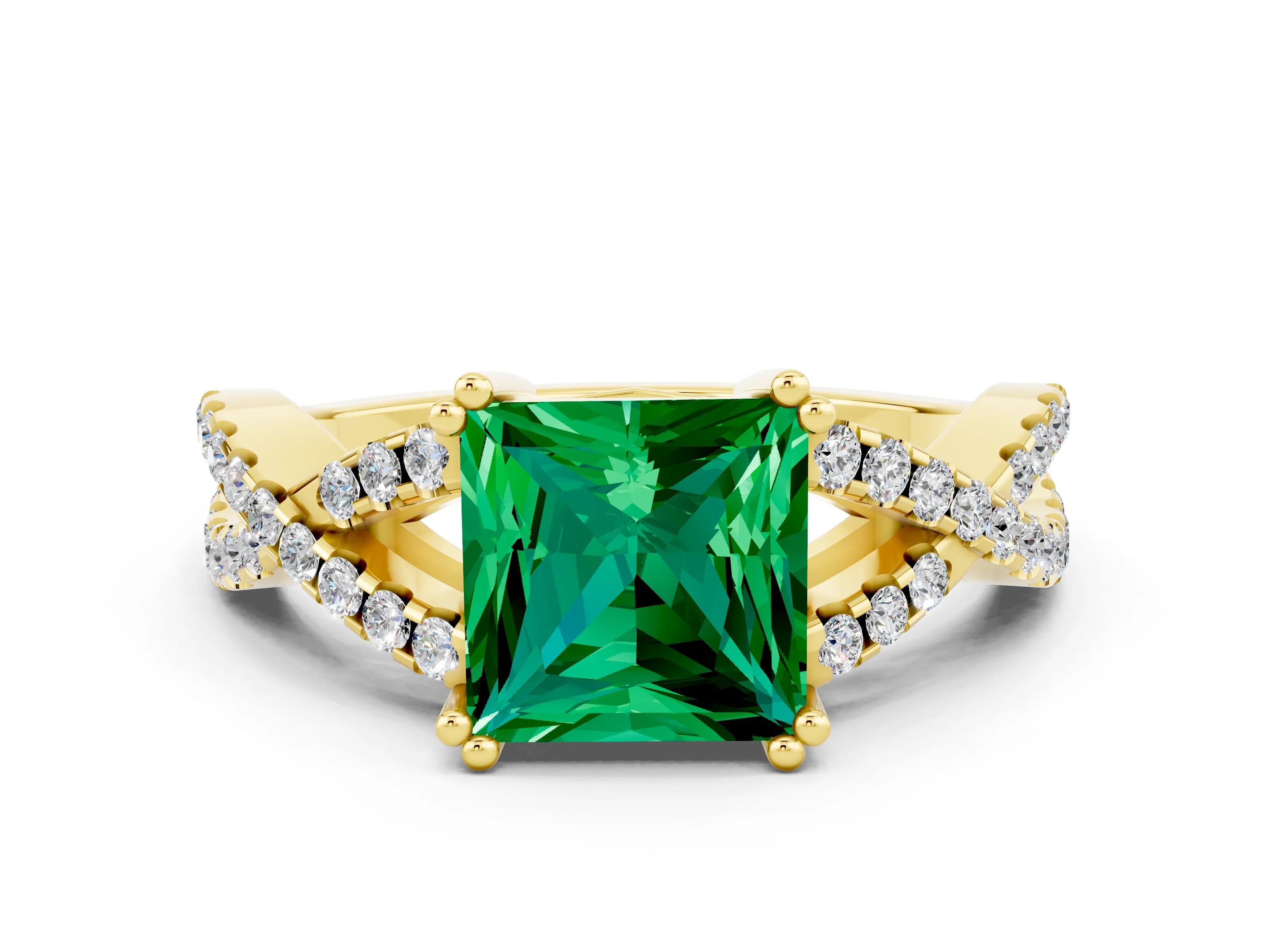 Yellow gold Princess Cut Emerald Solitaire Ring with Four-Prong Setting and Twisted Pavé Band