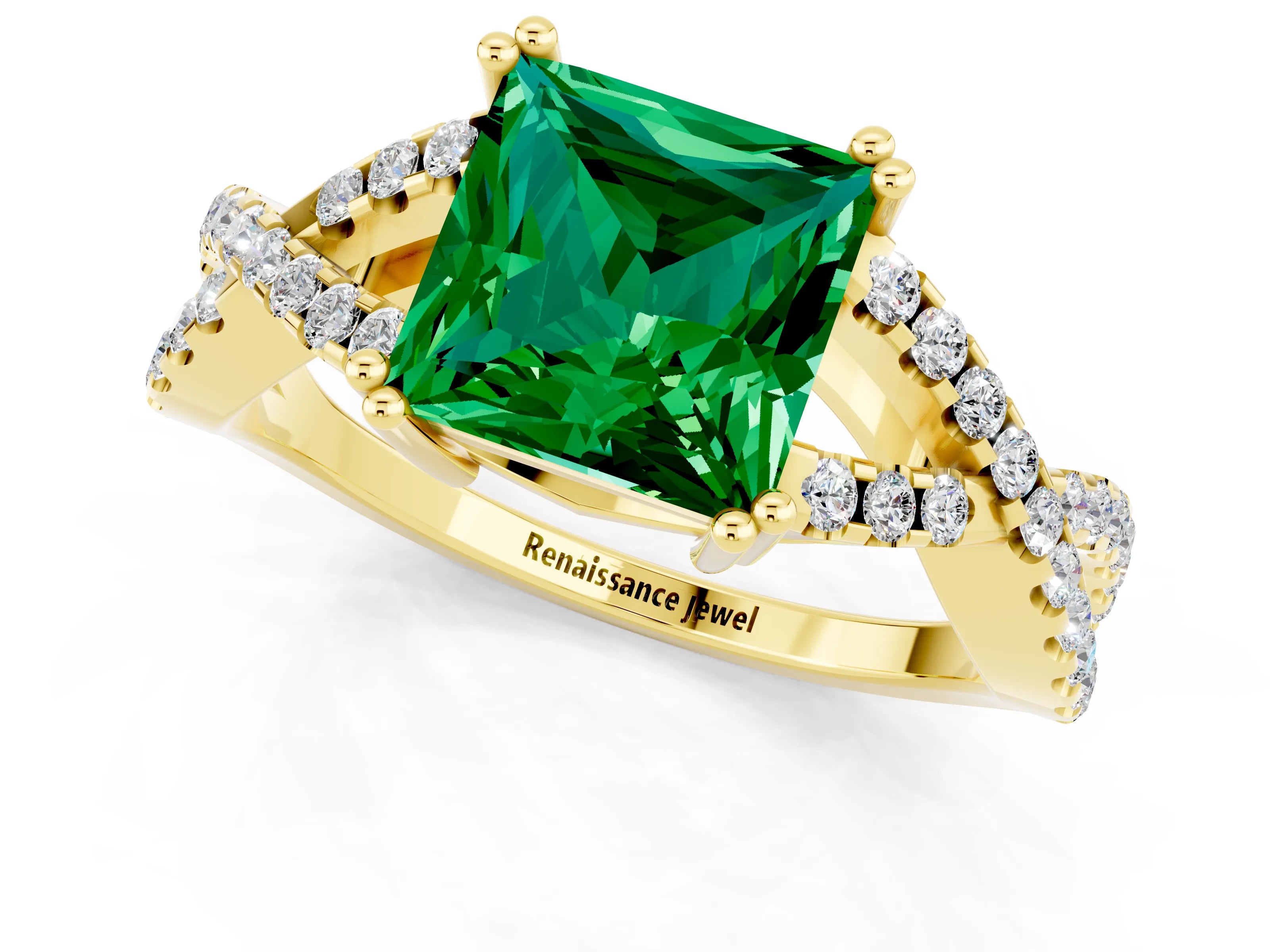 Yellow gold Princess Cut Emerald Solitaire Ring with Four-Prong Setting and Twisted Pavé Band_1
