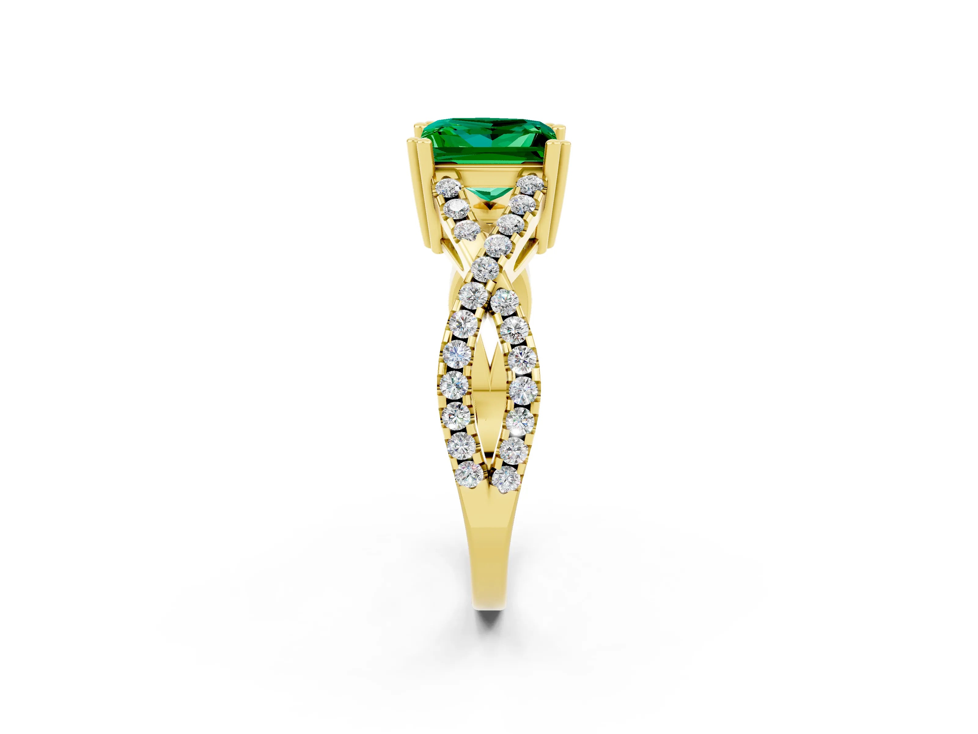 Yellow gold Princess Cut Emerald Solitaire Ring with Four-Prong Setting and Twisted Pavé Band_2