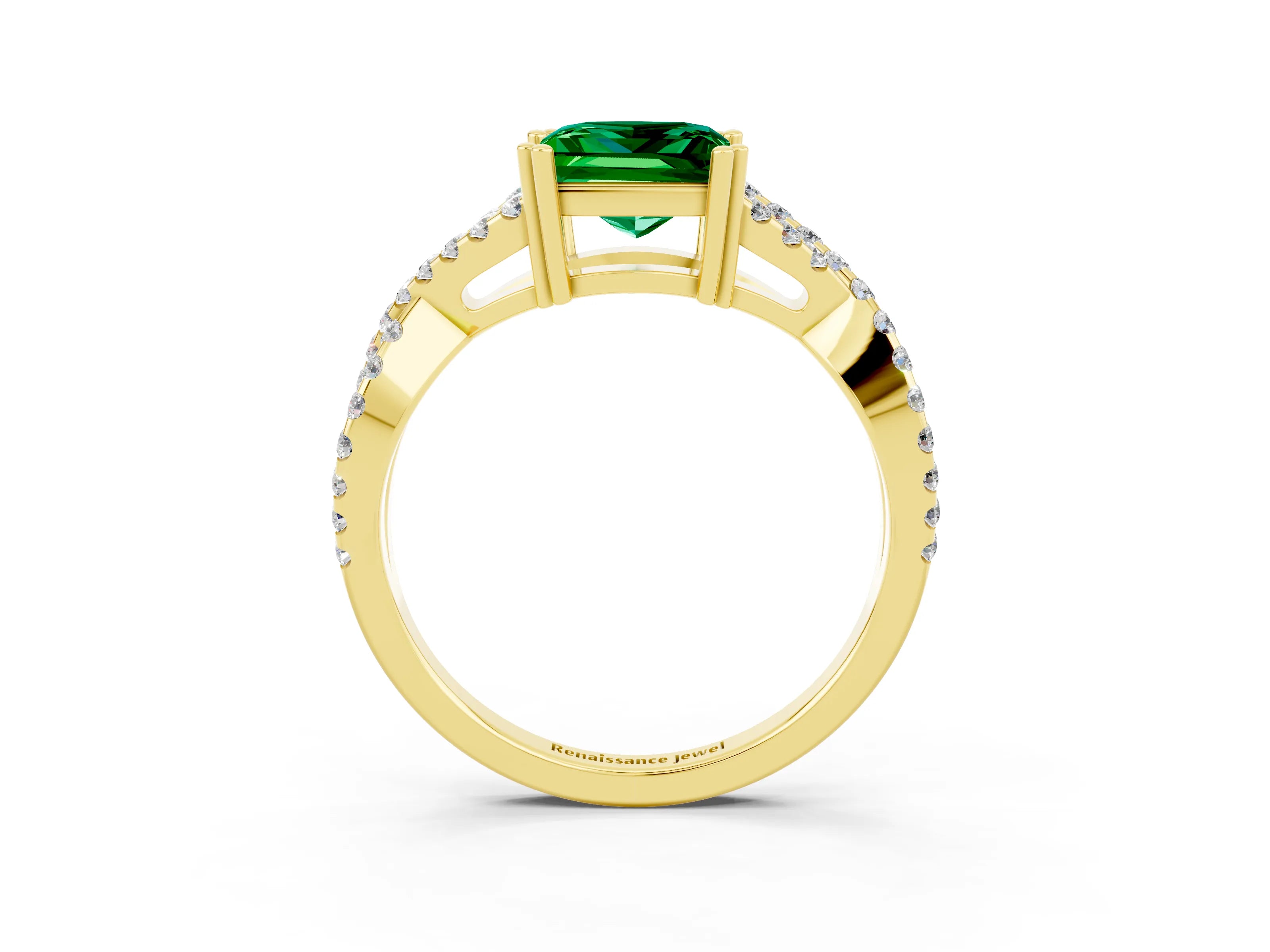 Yellow gold Princess Cut Emerald Solitaire Ring with Four-Prong Setting and Twisted Pavé Band_3