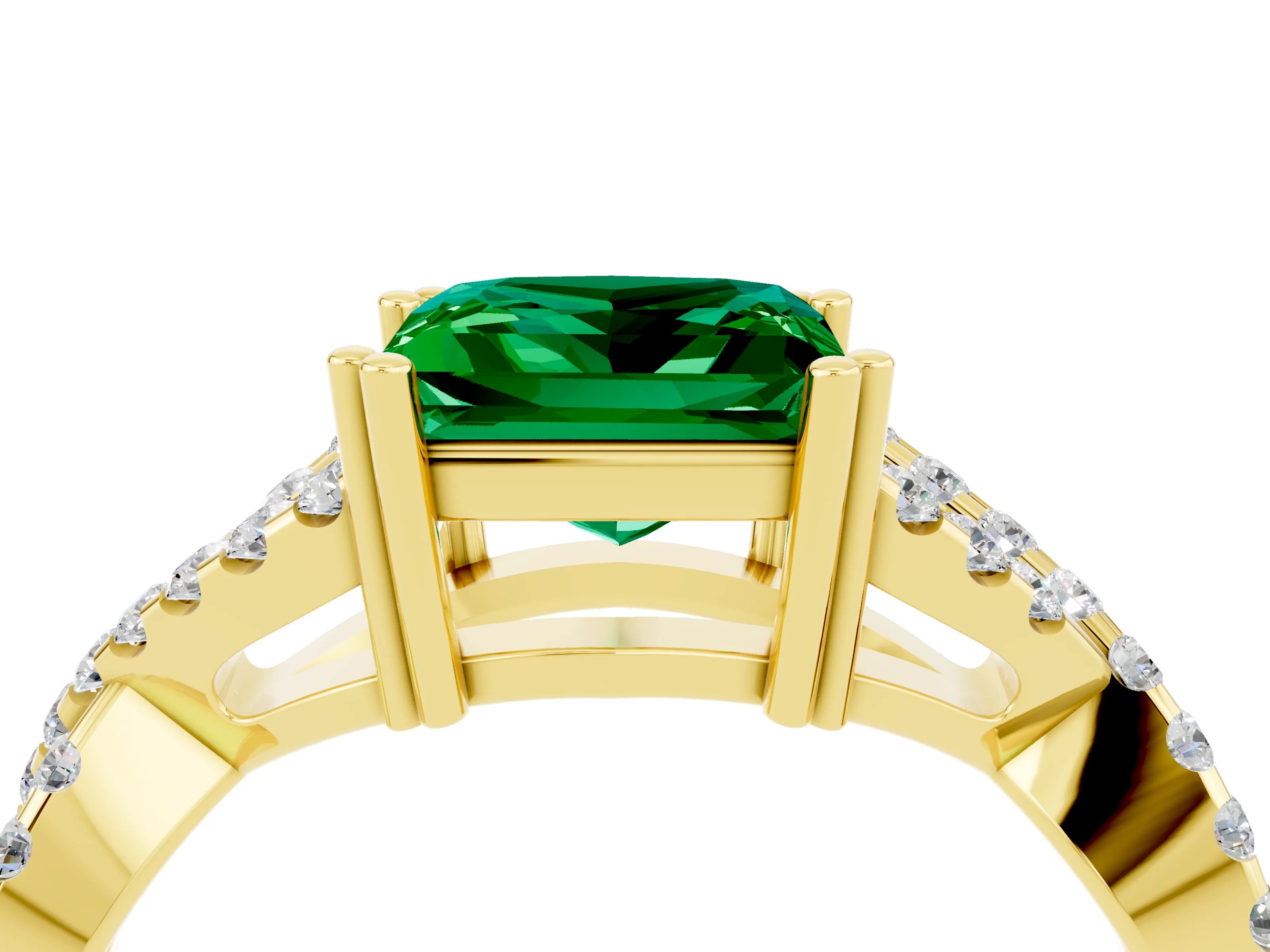 Yellow gold Princess Cut Emerald Solitaire Ring with Four-Prong Setting and Twisted Pavé Band_4