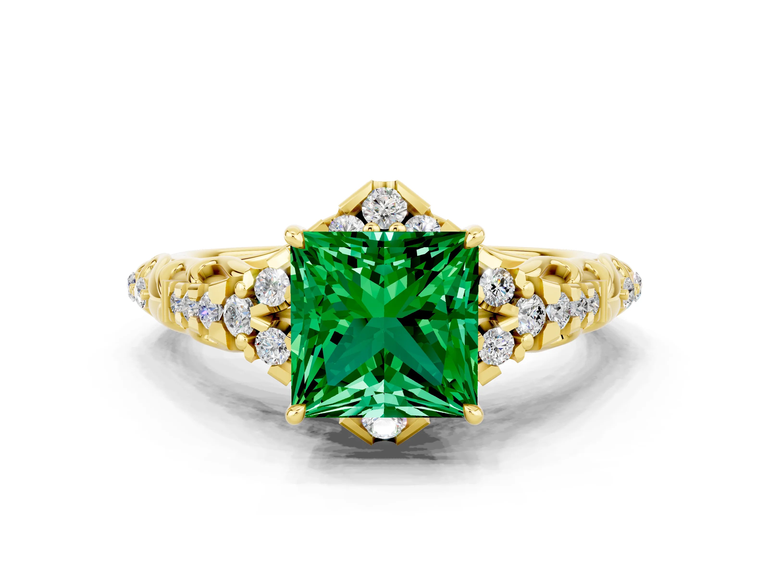 Yellow gold Princess Cut Emerald Solitaire Ring with Hidden Halo and Pavé Band_12