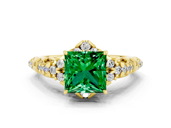 Yellow gold Princess Cut Emerald Solitaire Ring with Hidden Halo and Pavé Band