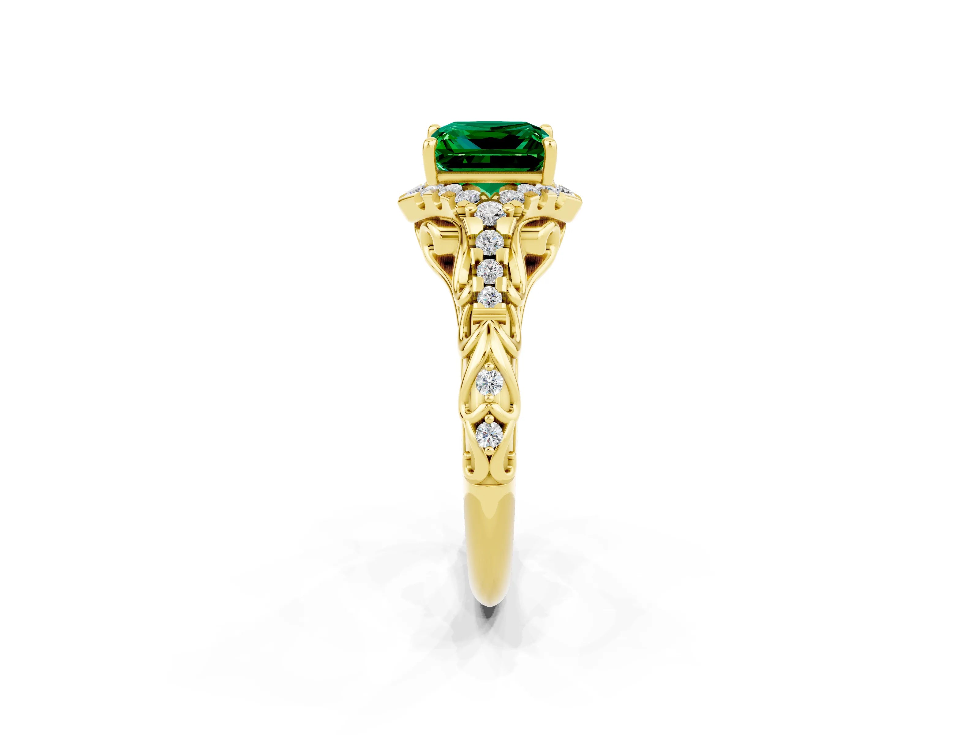 Yellow gold Princess Cut Emerald Solitaire Ring with Hidden Halo and Pavé Band_14