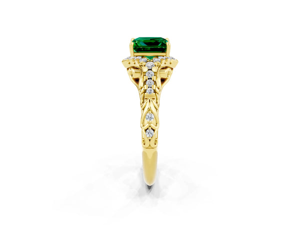 Yellow gold Princess Cut Emerald Solitaire Ring with Hidden Halo and Pavé Band