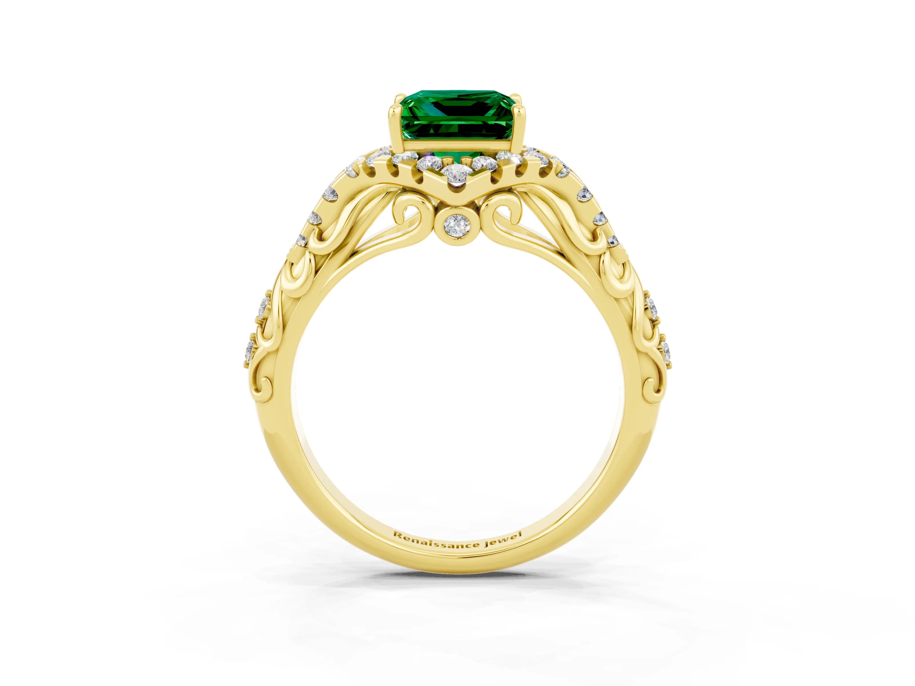 Yellow gold Princess Cut Emerald Solitaire Ring with Hidden Halo and Pavé Band_15