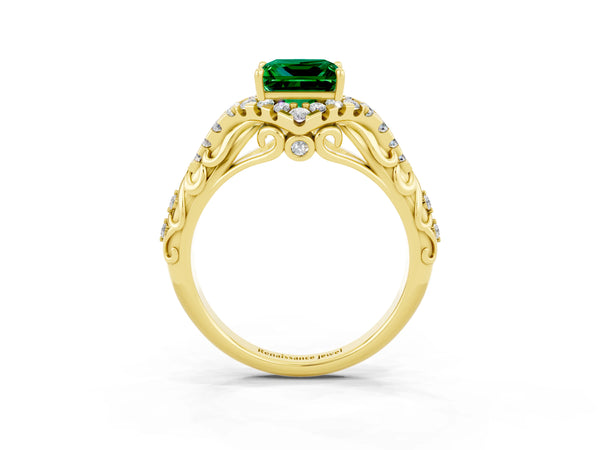 Yellow gold Princess Cut Emerald Solitaire Ring with Hidden Halo and Pavé Band