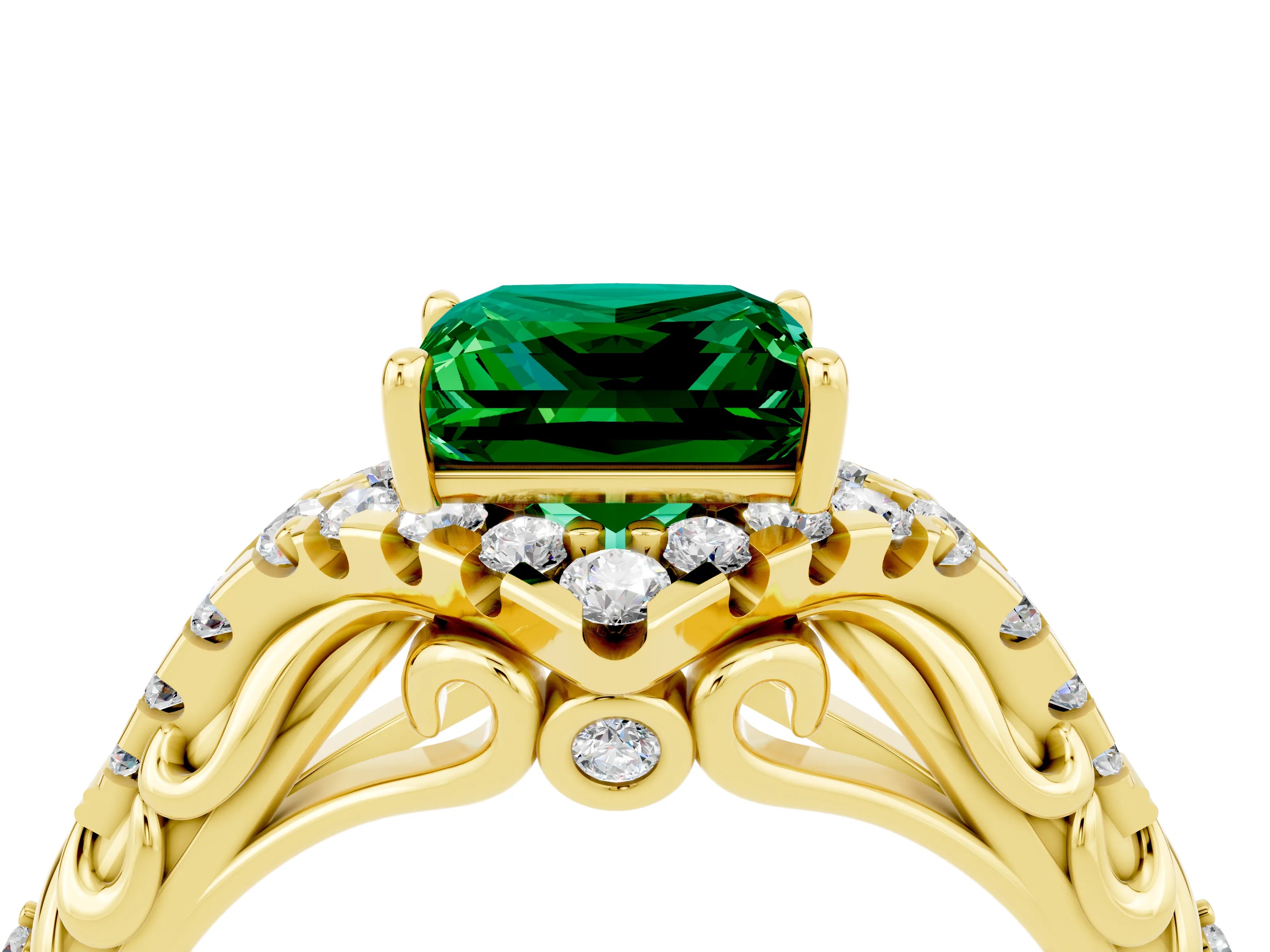 Yellow gold Princess Cut Emerald Solitaire Ring with Hidden Halo and Pavé Band_16