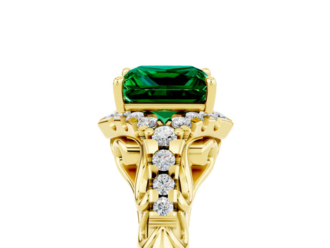 Yellow gold Princess Cut Emerald Solitaire Ring with Hidden Halo and Pavé Band_17