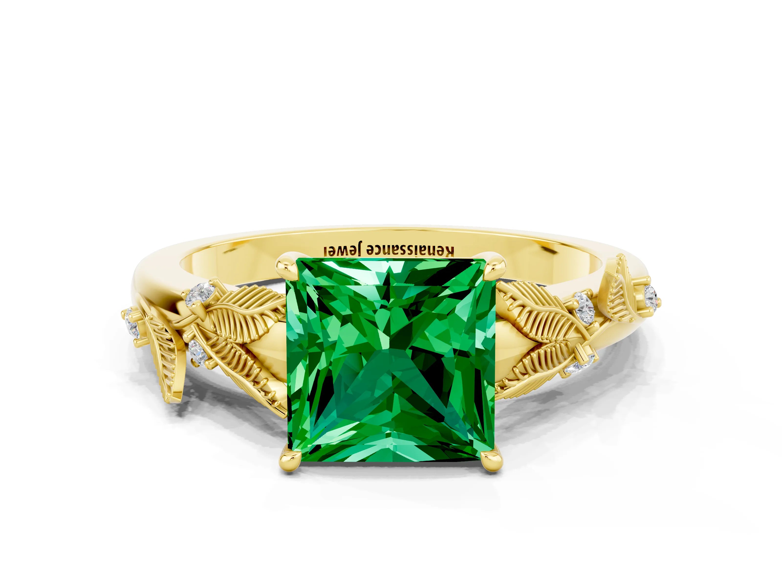 Yellow gold Princess Cut Emerald Solitaire Ring with Leaf Motif Band and Four-Prong Setting