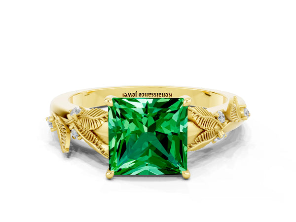 Yellow gold Princess Cut Emerald Solitaire Ring with Leaf Motif Band and Four-Prong Setting