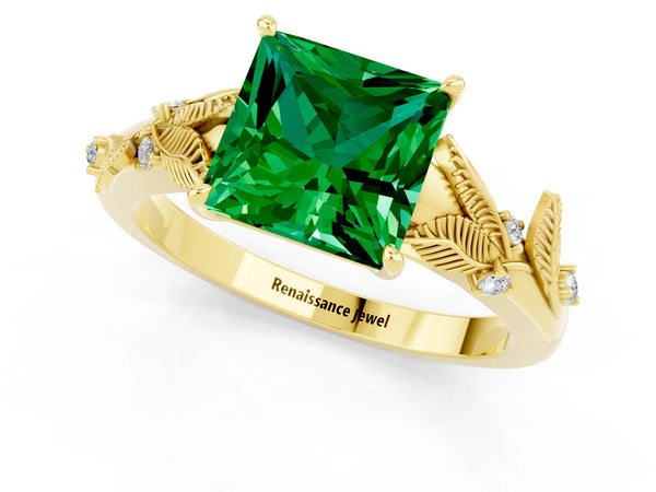 Yellow gold Princess Cut Emerald Solitaire Ring with Leaf Motif Band and Four-Prong Setting